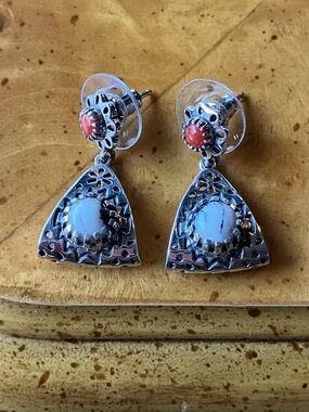 White Buffalo Turquoise Coral Sterling Silver Earrings